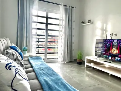 a living room with a couch and a large window at ANIMOSS! APARTMENTS - 10 modern apartments near city center & beach in Santa Maria