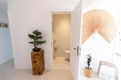 a bathroom with a toilet and a potted tree at Penthouse with jacuzzi and sea view, Morabeza Deluxe in Mindelo