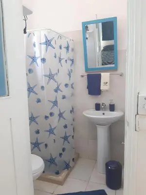 a bathroom with a shower curtain with a toilet and a sink at AMA Apartament Ponta Preta in Calheta Do Maio