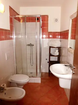 a bathroom with a shower and a toilet and a sink at Patio Antigo Residence in Santa Maria