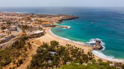 an aerial view of a beach and the ocean at Oasis Tarrafal Alfandega Suites in Tarrafal