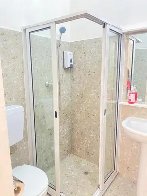 a shower in a bathroom with a toilet and a sink at Best Rooms- Quarto 4 Plateau in Praia