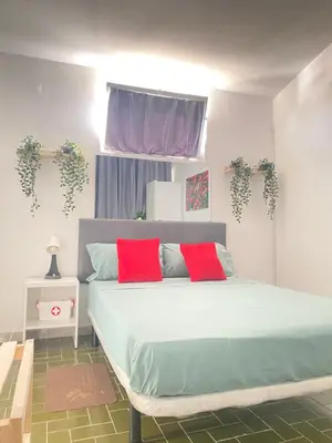 a bedroom with a large bed with two red pillows at Best Rooms - Quarto 3 Plateau in Praia