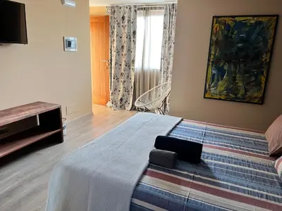 a bedroom with a large bed and a television at Orietta Residencial in Mindelo