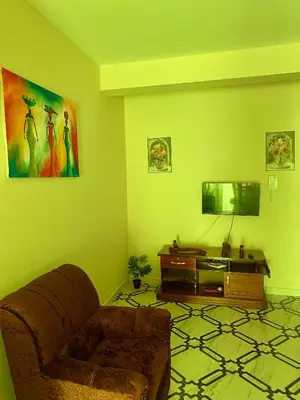 a living room with green walls and a couch and a television at Aluguer apartamento in Santa Maria