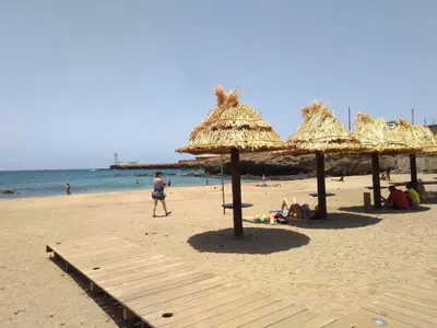 a beach with straw umbrellas and people on the beach at Syds Beach House in Praia