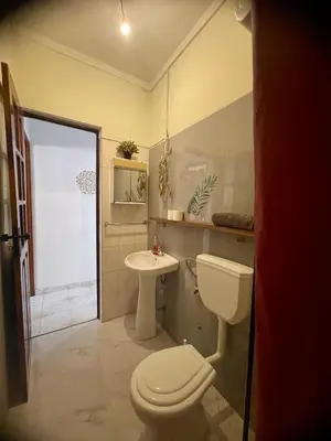 a bathroom with a toilet and a sink at Syds Beach House in Praia