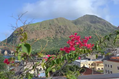 a view of a mountain with pink flowers in the foreground at Hotel Viajante in Tarrafal