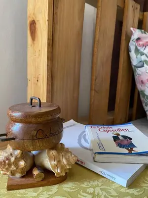 a table with a book and a container and mushrooms at Kasa di Terra in Sacramento