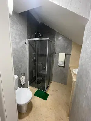 a bathroom with a shower and a toilet at Tia Nita Apartamentos in Mindelo