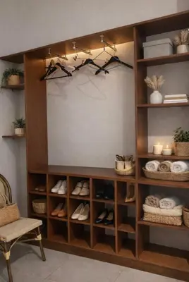 a closet with wooden shelves and shoes in it at Casa Chiquinha in Ribeira da Prata